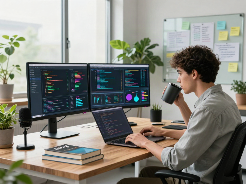 Dynamic AI workspace showcasing juicy ai analysis with vibrant visuals, data scientist coding in a modern office.