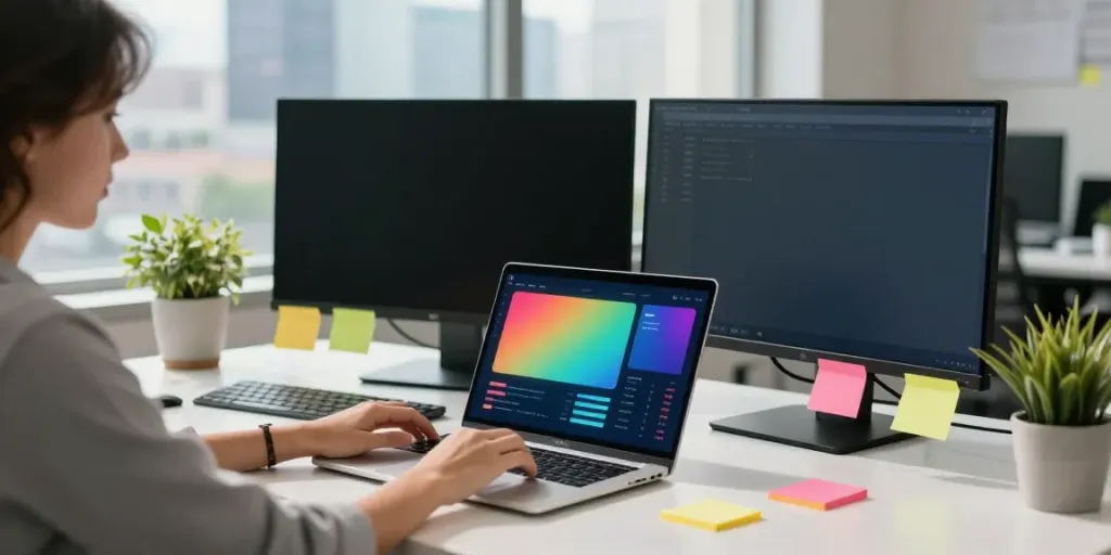 Content strategist analyzing instant indexing trends in a vibrant office.