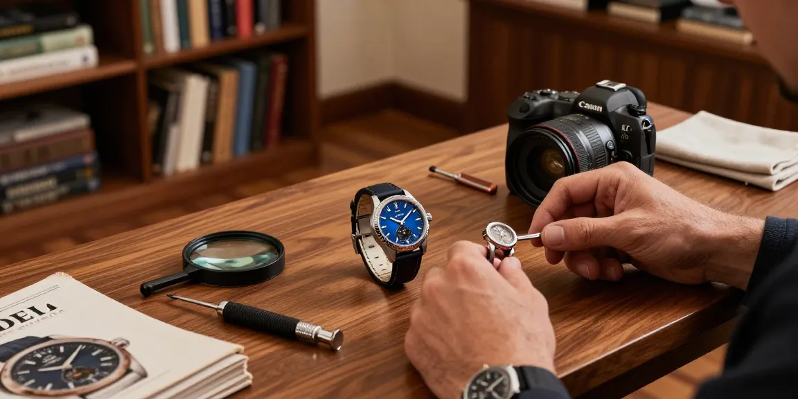 Display of clone watches on a wooden desk with watch maintenance tools, showcasing luxury and craftsmanship.