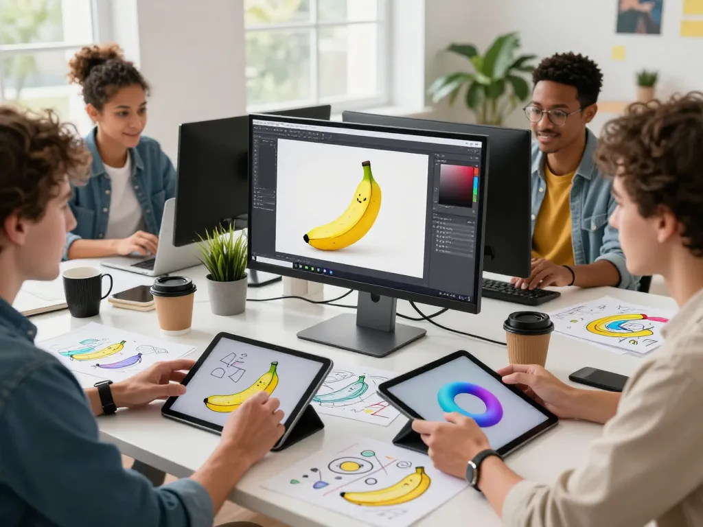 Collaborative workspace showcasing designers using nano banana ai for innovative image editing.