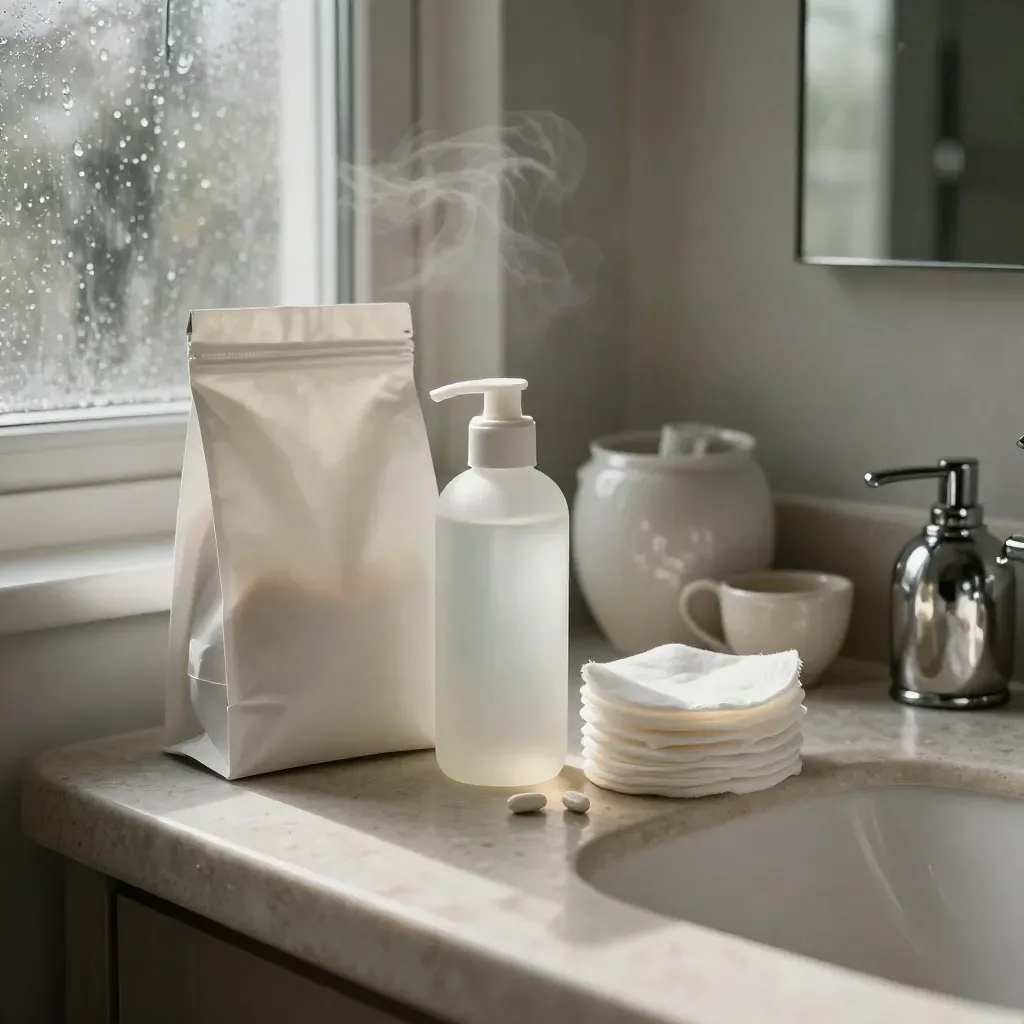 Pharmacy bag, skincare bottle, pill organiser and cotton pads on a plaster bathroom shelf in soft rain.