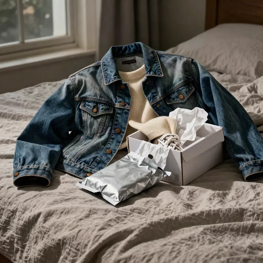 Unpacked fashion haul spilling across a rumpled bed in grey window light.