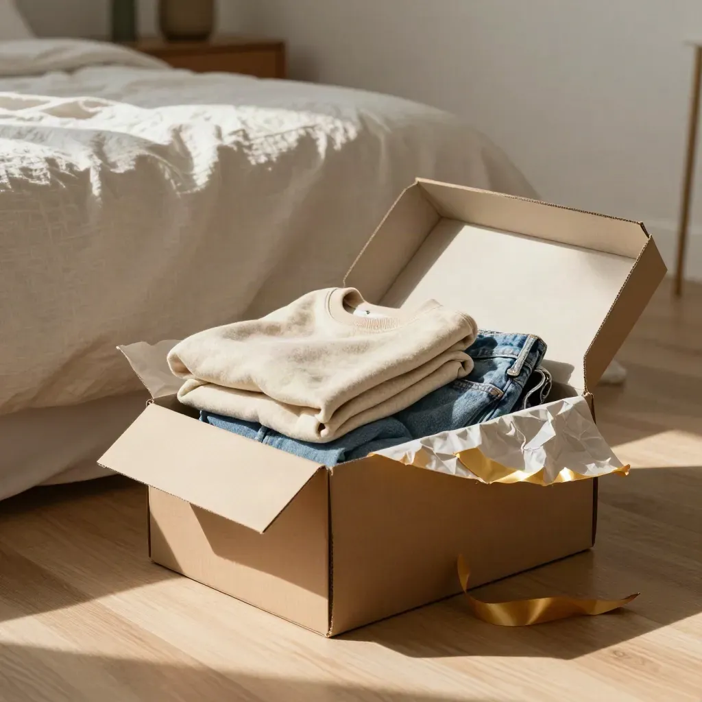 Half-unpacked fashion parcel with trainer box, sweatshirt and denim shorts by a bright bedroom window.