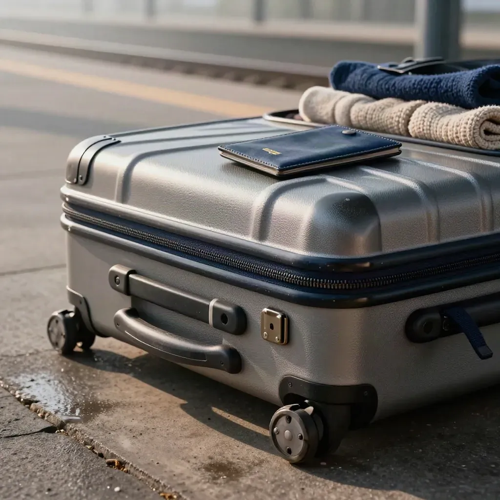 Half-closed suitcase with packing cubes and knitwear on a misty station platform at dawn