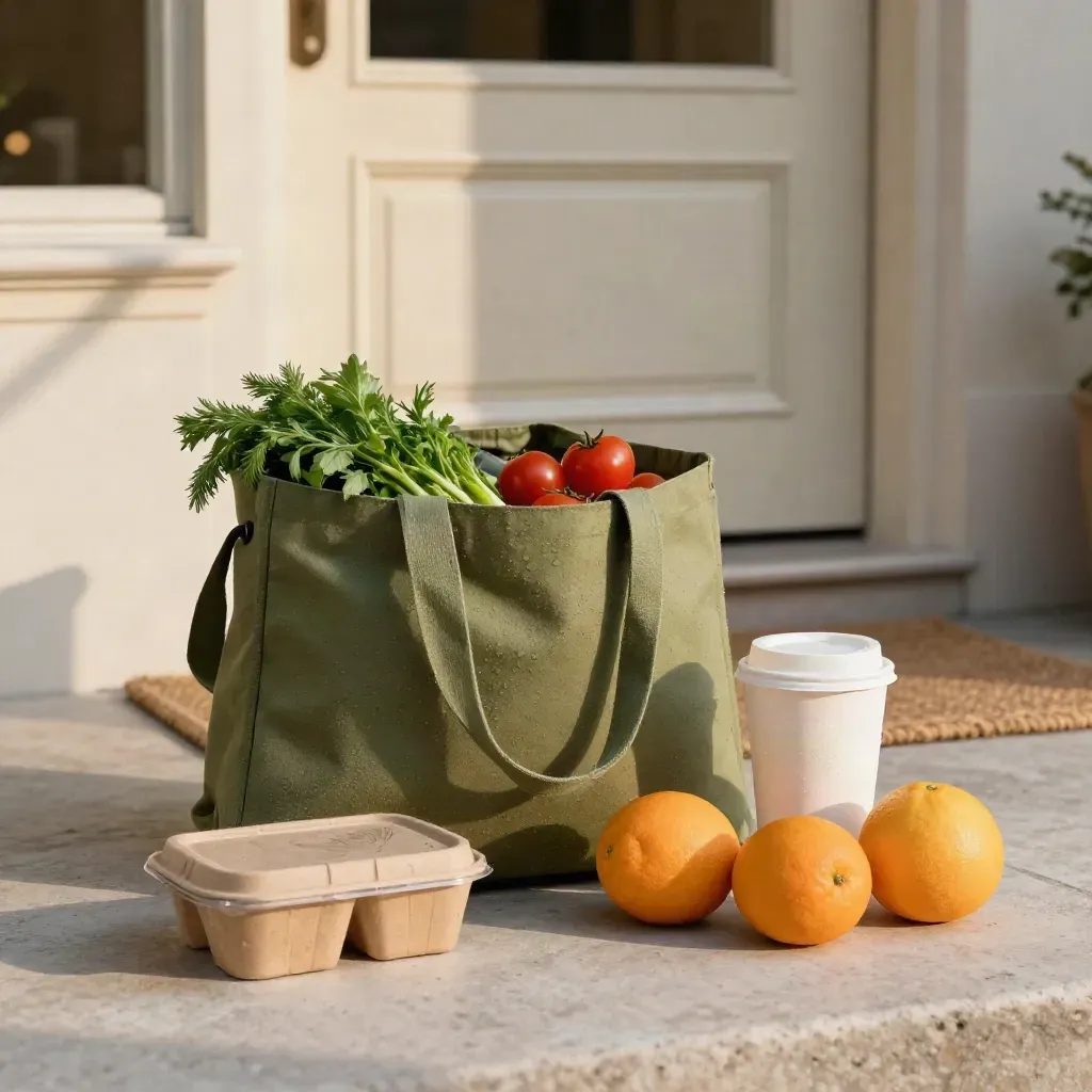 Olive delivery tote, meal-kit produce, compostable containers and takeaway cup on a stone doorstep.