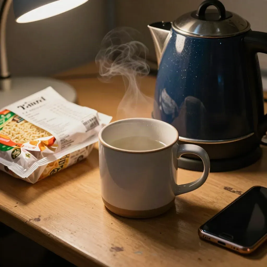 Kettle, reusable mug, groceries and phone on a dorm desk in warm lamp light.