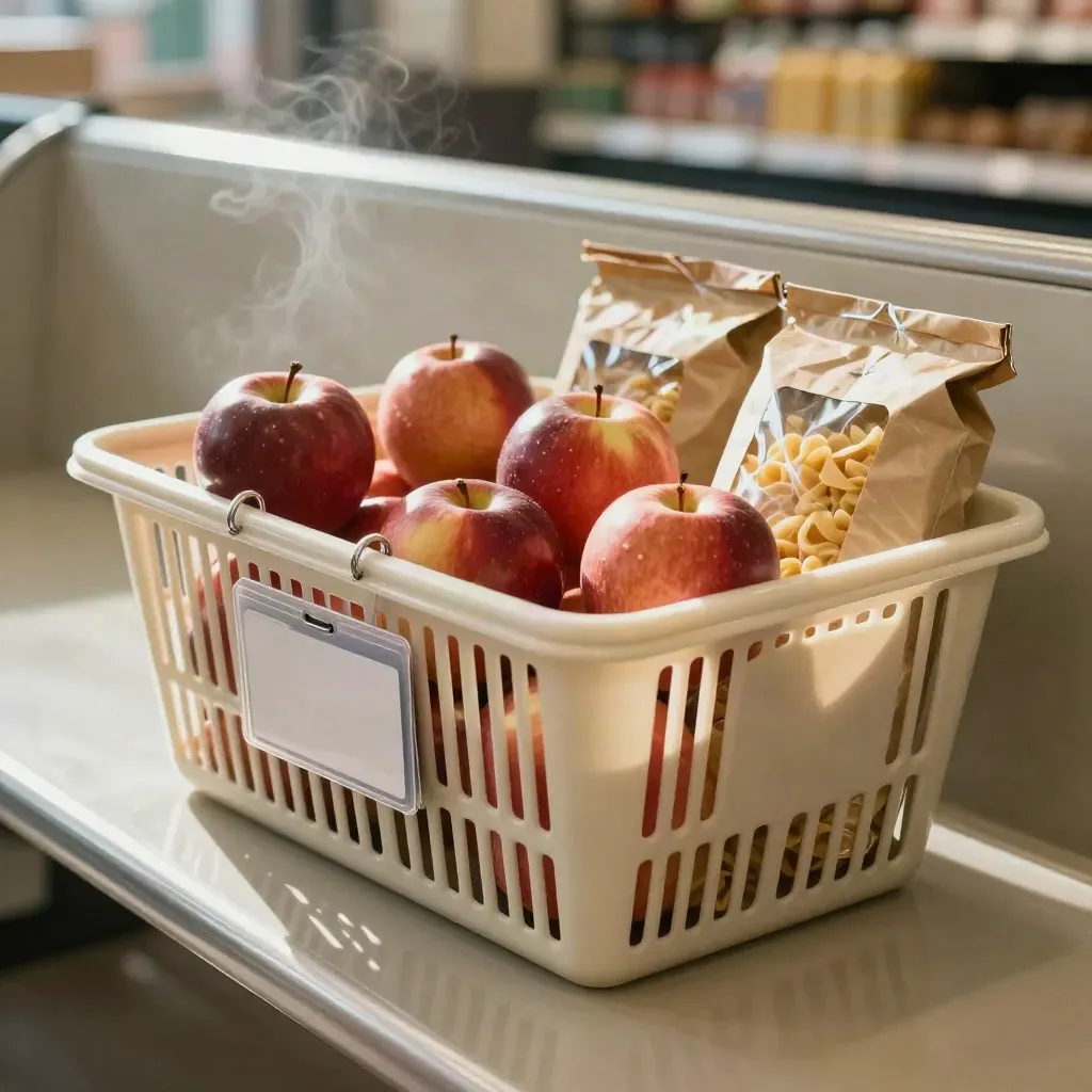 Grocery basket, apples, pasta packs and a loyalty card holder on a chilled supermarket bench.