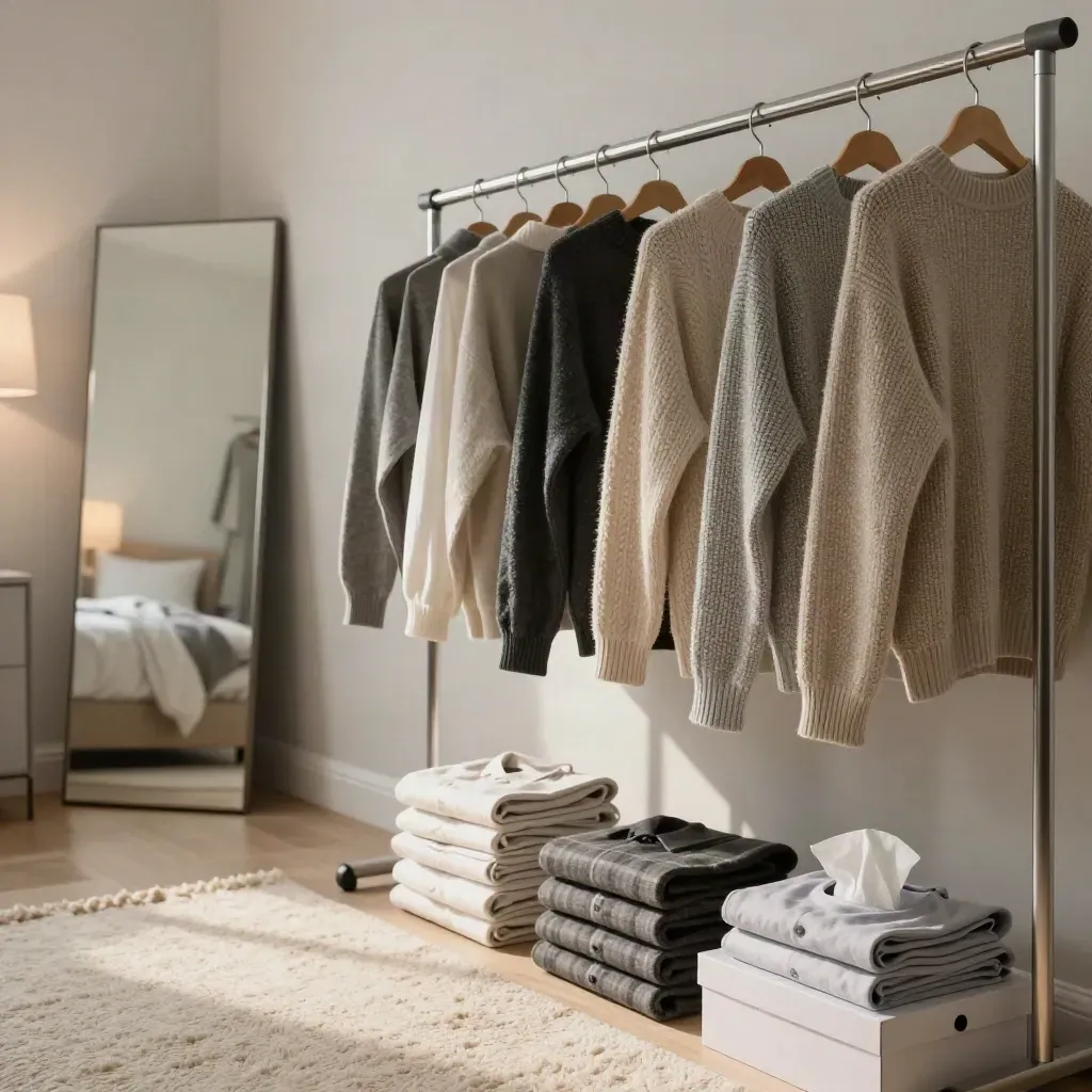 Bedroom clothes rail with knitwear, folded shirts, shoe boxes and a mirror in warm evening light.