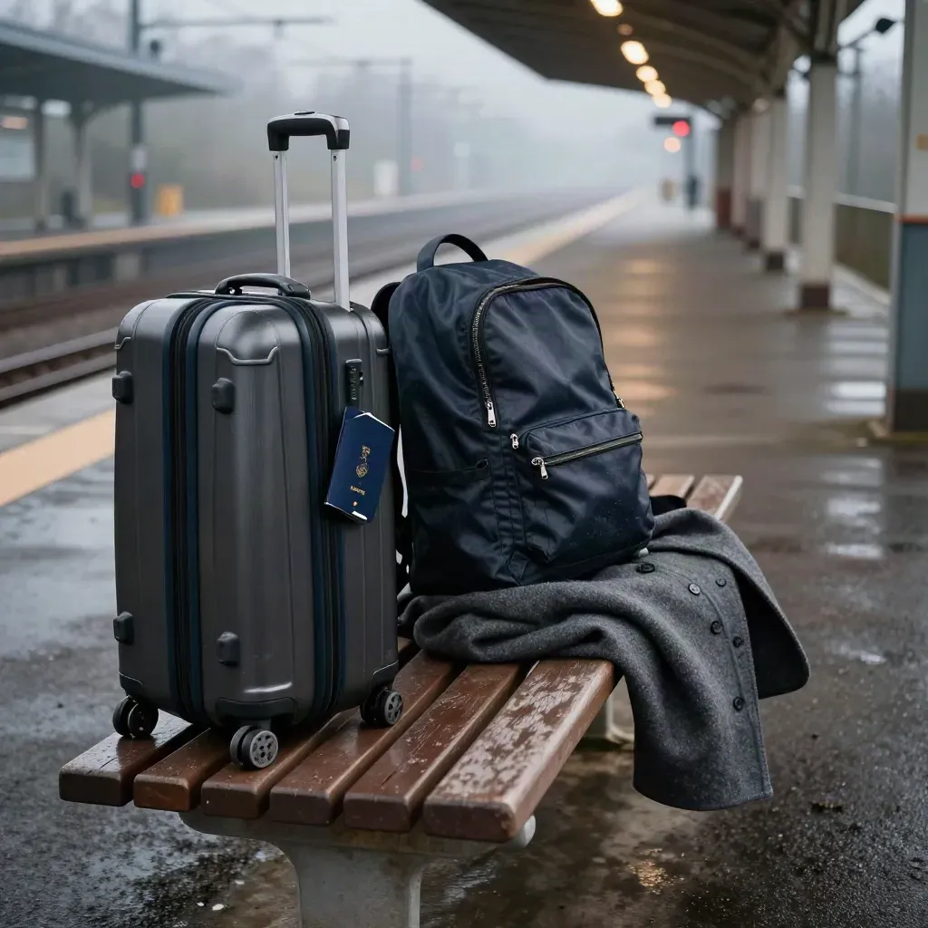 Misty station bench with suitcase, passport cover, backpack, and folded coat at dusk.