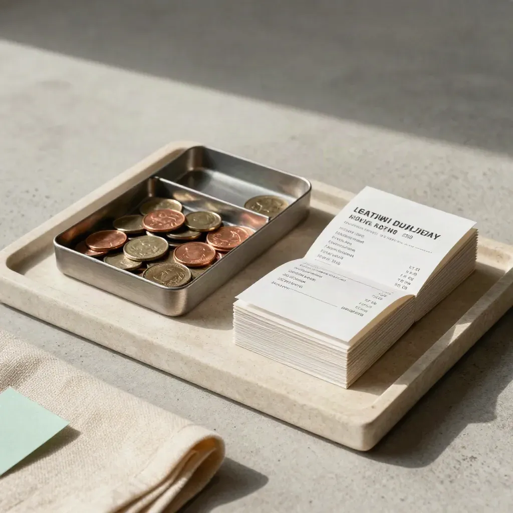 Overhead tray still life of stacked loyalty cards, coins, and folded receipts on pale stone.