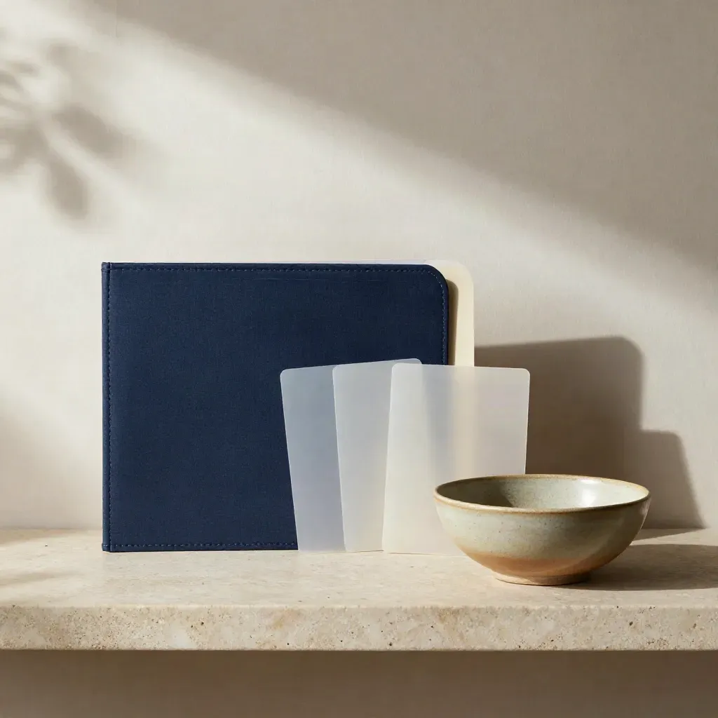 Navy folder divider, two blank sleeves, and a stoneware bowl on a limestone shelf.