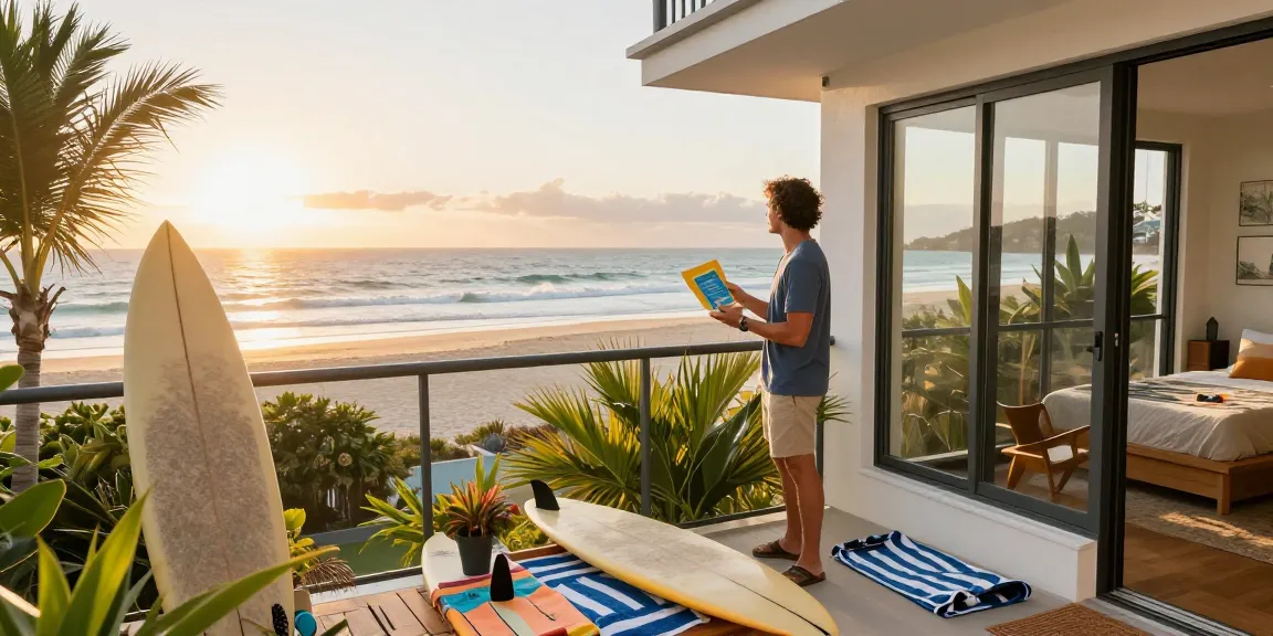 Airbnb management Gold Coast: host welcoming guests at sunrise on beachside balcony