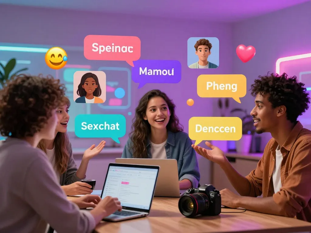 Engaging virtual chat space showcasing diverse interactions using sex chat ai technology, with avatars and colorful text bubbles.