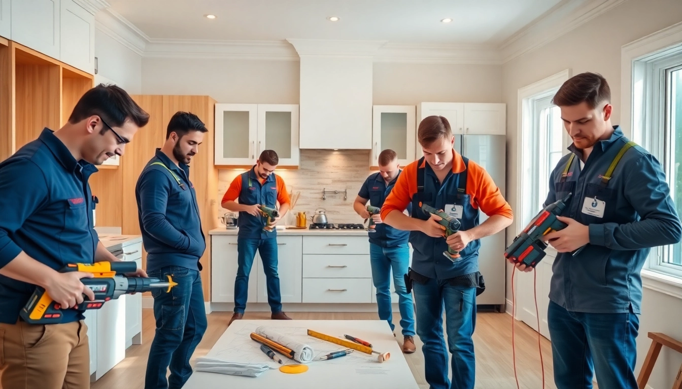 Renovators near me working in a stylish kitchen renovation, showcasing their skills.